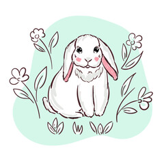  Cute white bunny and flowers vector illustration print design rabbit, children print on t-shirt