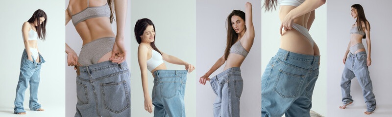 Collage. Beautiful slim women posing in oversized jeans on grey background. Losing weight