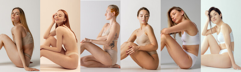 Collage. Different women with slim figure and perfect skin posing in underwear over grey background. Female cosmetology - obrazy, fototapety, plakaty