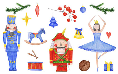 A set of 17 Nutcracker clipart is isolated. Watercolor characters from the nutcracker ballet, a Christmas tree, a ballerina, gifts, drums, a rocking horse, a bell, a star, and a garland.