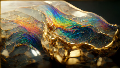 Fototapeta na wymiar Visionary picture of rainbow glass waves melting into gold, with a realistic texture and great quality for abstract works. Digital 3D illustration.