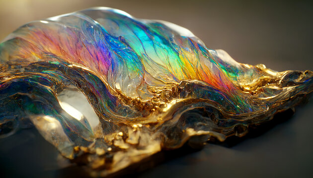Visionary picture of rainbow glass waves melting into gold, with a realistic texture and great quality for abstract works. Digital 3D illustration.