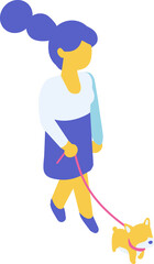 Isometric cartoon woman walking with dog