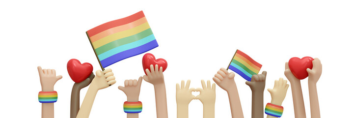 3D Rendering of hand protesting for pride parade concept of support and accept LGBT people. 3D Render illustration cartoon style.