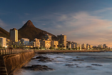 View of Sea Point Promenade and Lion Head mountain, Cape Town, South Africa.