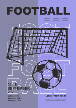 Template Sport Layout Design, soccer football. Football league tournament poster vector illustration. Ball with gate goal football pitch background.