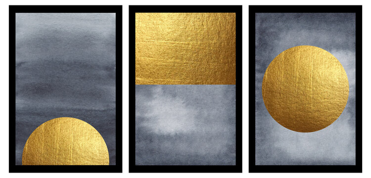 Set of three abstract art posters. Golden circle on gray watercolor background. Stylish wall art. Hand-drawn high resolution texture for posters, postcards, prints, invitations, and others.