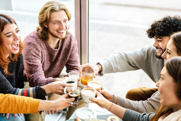 People group drinking latte cupat coffee bar patio - Friends talking and having fun together at cappuccino restaurant - Life style concept with happy men and women at cafe rooftop - Bright warm filter