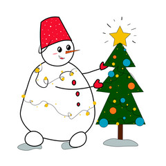New Year's illustration. winter illustration. snowman, gift, Christmas tree. greeting card, banner, vector illustration
