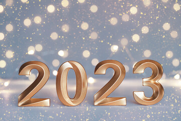 Golden numbers of year 2023. Glowing festive garland with bokeh on light background. Happy New Year greeting card. Greeting card with stars