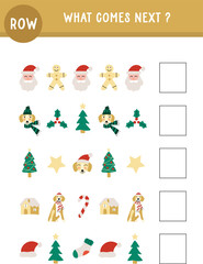 Christmas winter cute printable worksheet, activity page, activity sheet for kids, preschool, teachers. Cute dogs, educational, Santa, dachshund, golden retriever, kids. Row. What comes next.