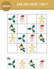 Christmas winter cute printable Sudoku, activity page, activity sheet for kids, preschool, teachers. Cute dogs, Gingerbread man, Santa, educational. Cut and glue.