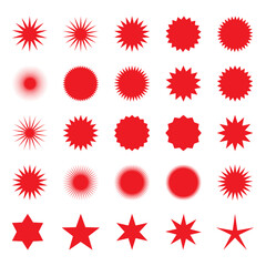 Star burst shapes. Vector brightness red bursting stars symbols isolated on white background for circle badges and prices.