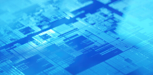 3D rendering of cyberpunk AI. Circuit board. Technology background. Central Computer Processors CPU and GPU concept. Motherboard digital chip. Tech science background.