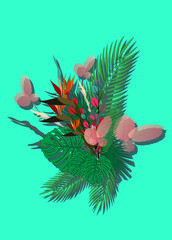 Vector illustration with watercolor flowers. Beautiful bouquet tropical plants on white background. Composition with monstera and palm leaves, lily chinese hibiscus.