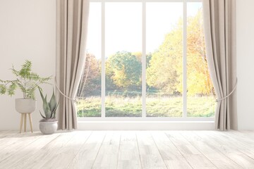 White empty room with sunny autumn landscape in window. 3D illustration