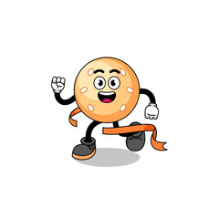 Mascot cartoon of sesame ball running on finish line