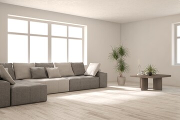 White living room with sofa. Scandinavian interior design. 3D illustration
