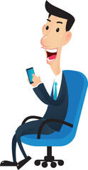 Character businessman posture sit on chair hand point phone