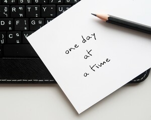 Pen on keyboard with handwritten text ONE DAY AT A TIME, concept of dealing with each day problems...