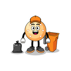 Illustration of sesame ball cartoon as a garbage collector