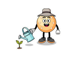 Illustration of sesame ball cartoon watering the plant