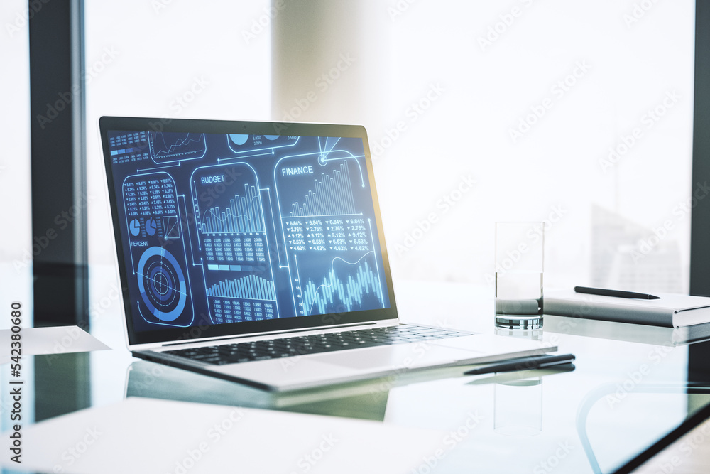 Poster abstract creative stats data concept on modern laptop screen. 3d rendering