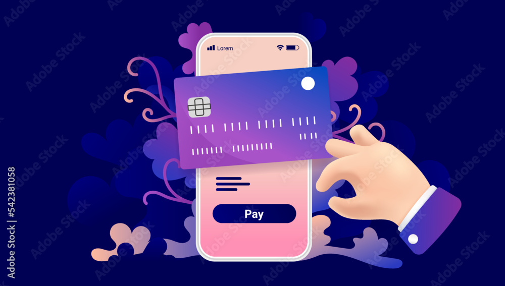 Poster mobile payment - phone with credit card and hands clicking pay button. vector flat lay illustration 
