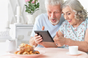 portrait of happy beautiful senior couple holding tablet