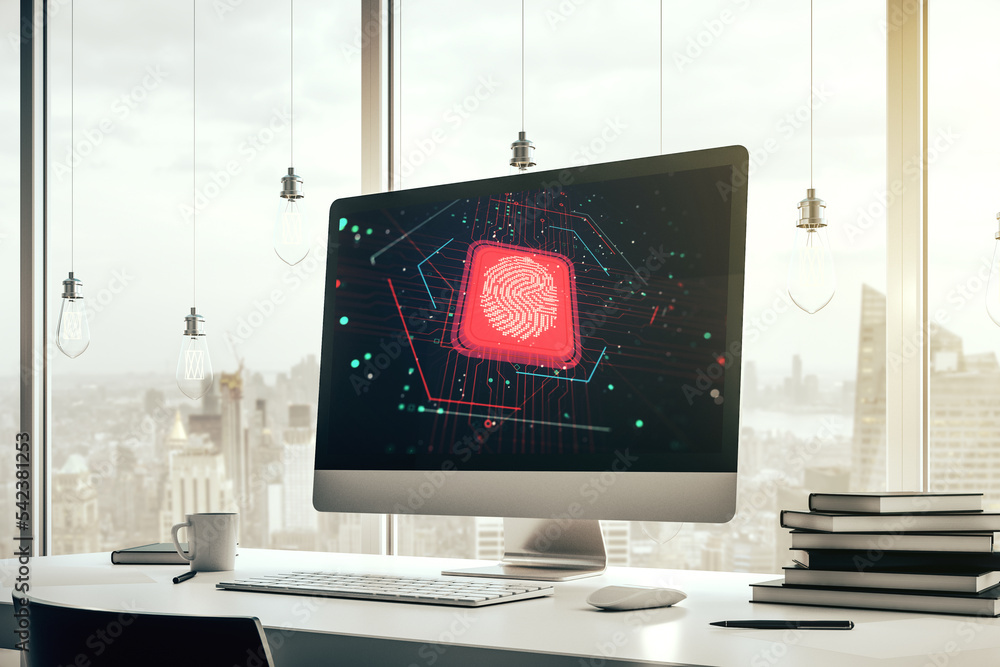 Aufkleber Modern computer screen with creative fingerprint hologram, personal biometric data concept. 3D Rendering