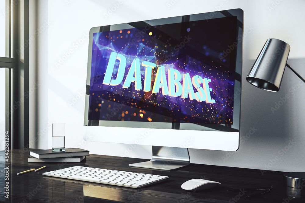 Poster modern computer monitor with creative database word hologram, research and development concept. 3d r