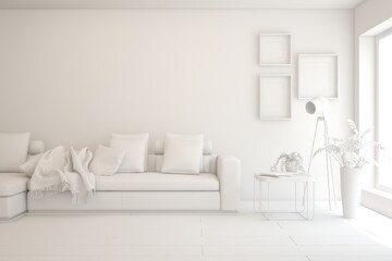 Mock up of minimalist living room in white color with sofa. Scandinavian interior design. 3D illustration