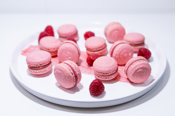 pink raspberry macarons french dessert white elegant plate