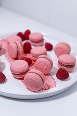 pink raspberry macarons french dessert white elegant plate