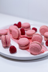 pink raspberry macarons french dessert white elegant plate
