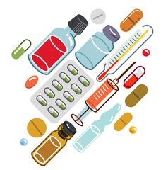 Big composition set of medicaments vector flat illustration isolated, pharmacy drugs apothecary bottles and pills and ampules, health care and healing medical theme design.