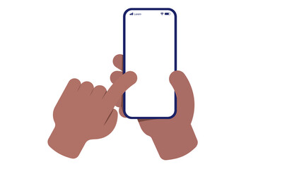 Mobile phone in hand and dark skin - African person holding smartphone and interacting with finger. Flat design cartoon vector illustration with white background