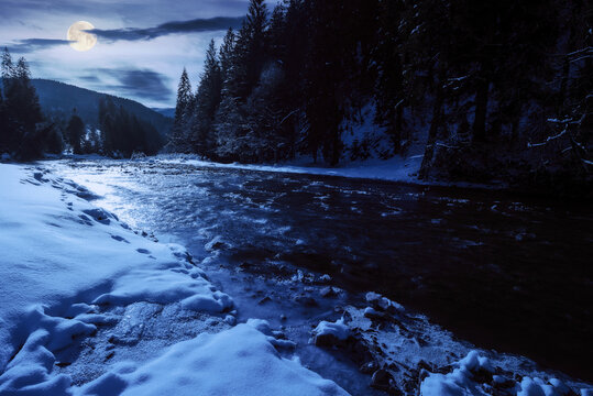 tereblya river in winter in full moon light. snow covered shore with coniferous forest on the shore. mountains beneath a cloudy sky on a frosty night in the distance. carpathian Christmas vacations