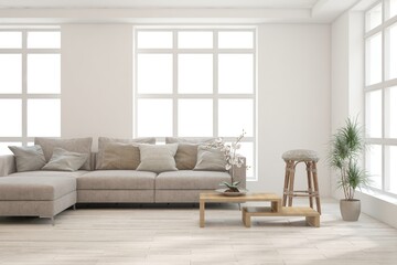 White living room with sofa. Scandinavian interior design. 3D illustration
