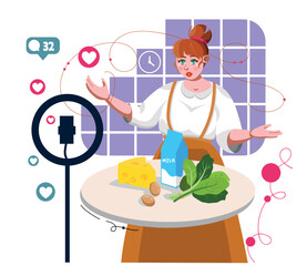 the chef prepares food and shoots a blog on camera, there is milk, cheese, spinach on the table