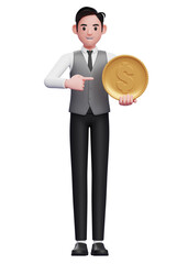 businessman in grey vest pointing coin, 3d illustration of a businessman in grey vest holding dollar coin