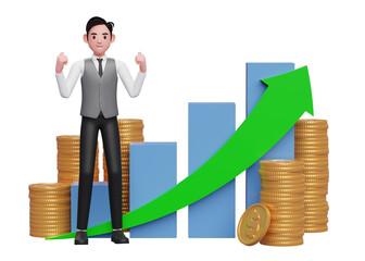 businessman in grey vest celebrating with clenched fists in front of positive growing bar chart with coin ornament, 3d rendering of business investment concept