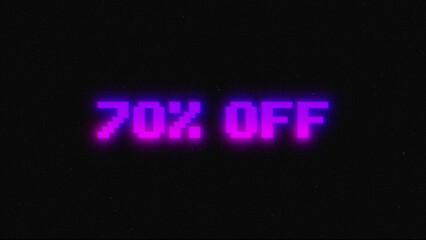 70 percent off discount sale, neon glitch banner on black background.