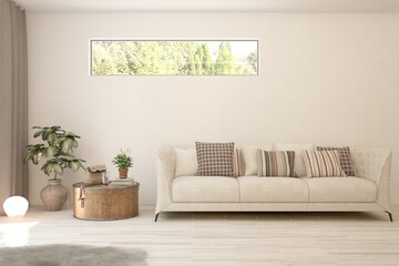 White living room with sofa. Scandinavian interior design. 3D illustration