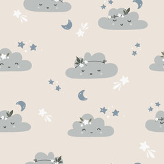 Cute seamless childish simple pattern for kids with cute clouds and stars in Scandinavian style. Baby pattern with clouds. Fabric design. Wallpaper.