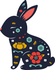 Hare decorated with flowers. Beautiful rabbit bunny in folk style. vector animal Symbol for chinese new year lunar zodiac, Easter, Moon festival celebrations