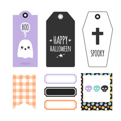 Happy Halloween printable stationery set. Creepy gift tags collection. Original labels templates to print and cut. Vector illustration, flat design