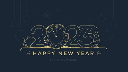 Fototapeta na wymiar Happy New Year 2023 greeting card with stylized clock and decoration on dark background. Merry Christmas golden line holiday illustration.