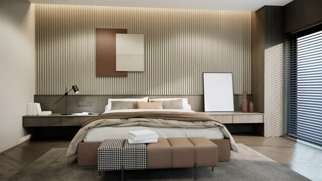 Interior 3d rendering video 4K mockup bedroom design and decoration in beige and grey color striped wall wooden blinds window parquet floor.