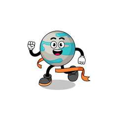 Mascot cartoon of planet running on finish line